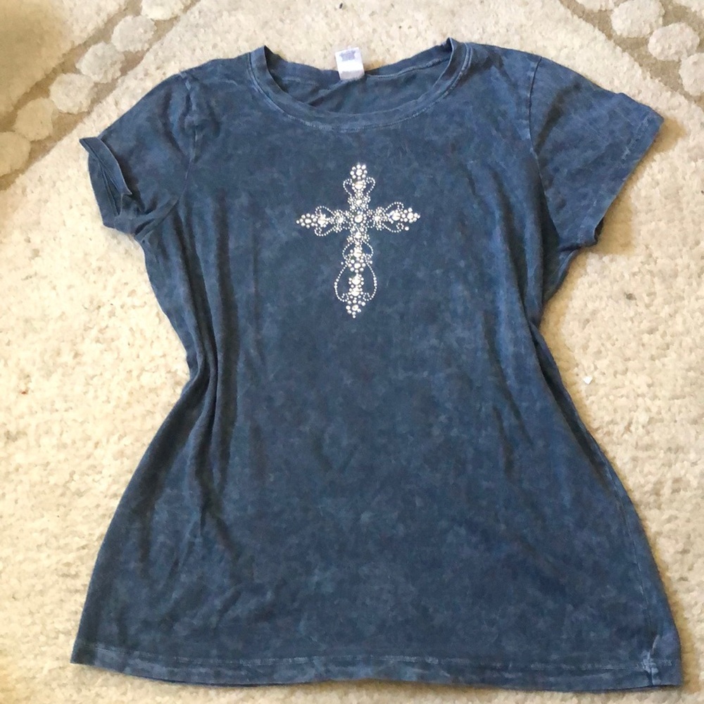 Dark blue wash short sleeve tee with cross